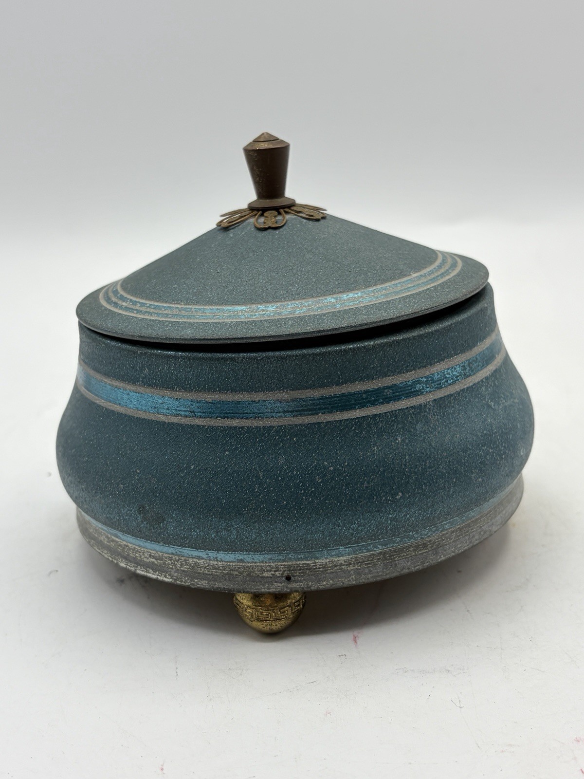 Vintage Reuge Swiss Music Box Powder Jar Trinket Box Blue MCM Working