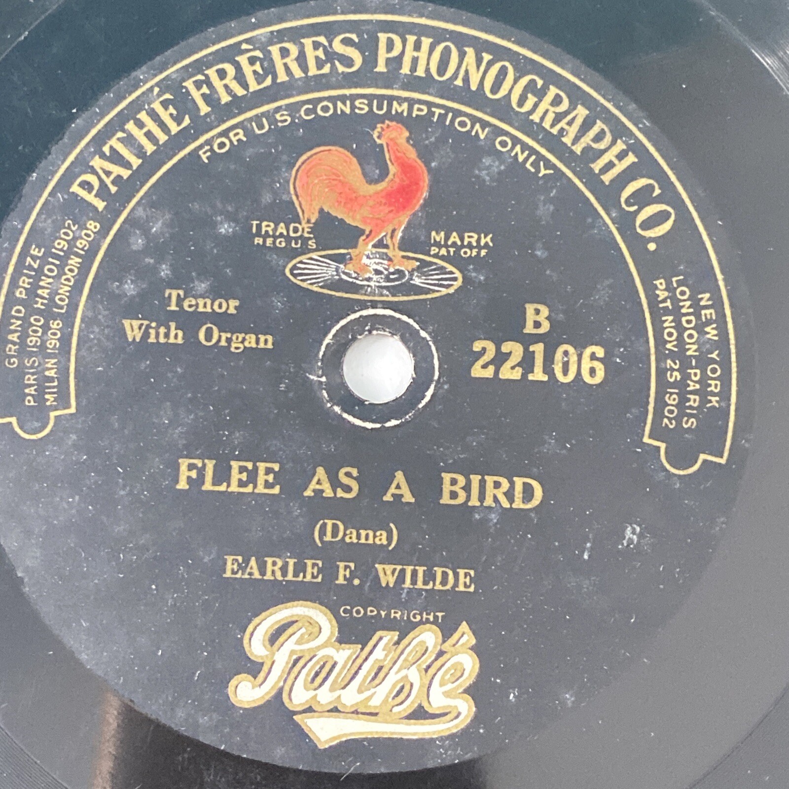 Earl Wilde 78 rpm PATHE 22106 FLEE AS A BIRD 1919 vertical V+