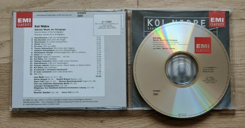 Leo Roth and Werner Sander CD Kol Nidre Sakrale Musik Der Synagoge - 1995 EMI