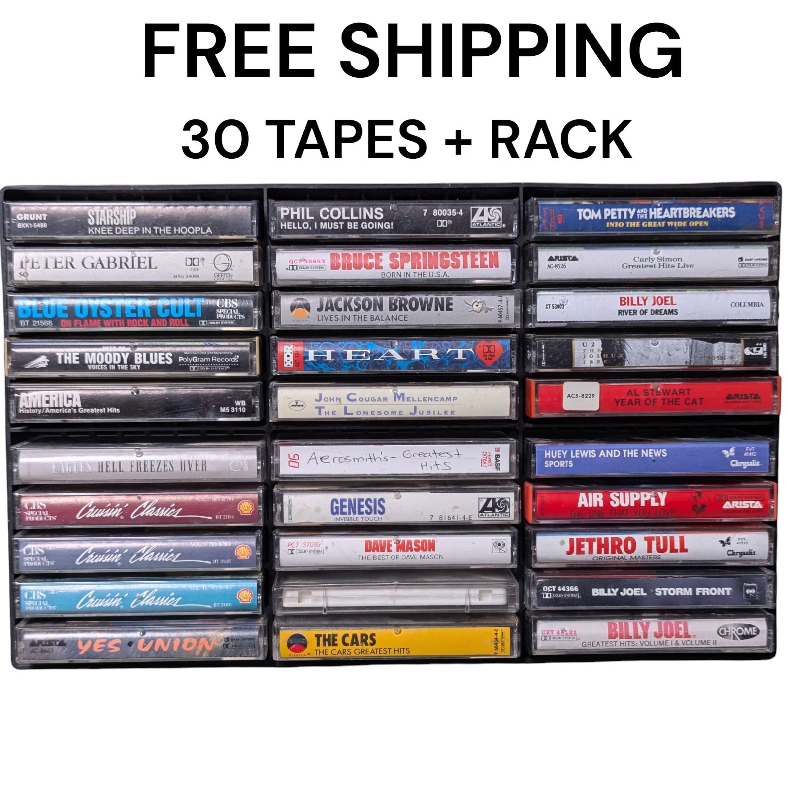 Lot Vtg Cassette Tape 30 Hard Rock Country Pop Soft 70s80s 90s Cult Tull W/Rack 