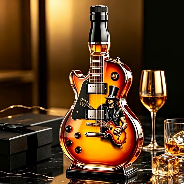 Guitar-Shaped Glass Decanter w/ Stopper, 0.2 qt, 9.06 in Tall Music Theme