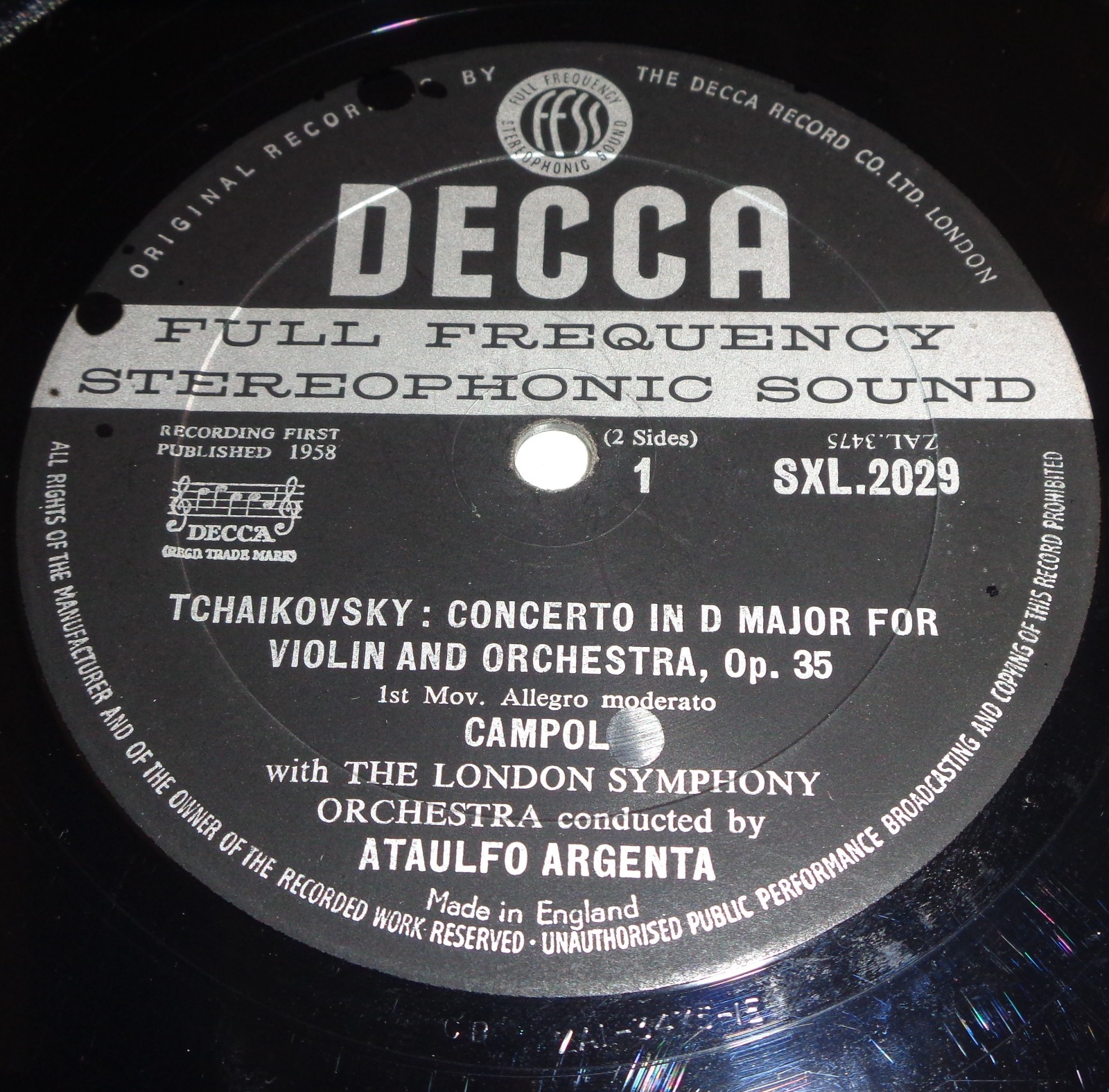 Decca SXL 2029 WB 1E/1E Campoli / Argenta: Tchaikovsky Violin Concerto NO COVER