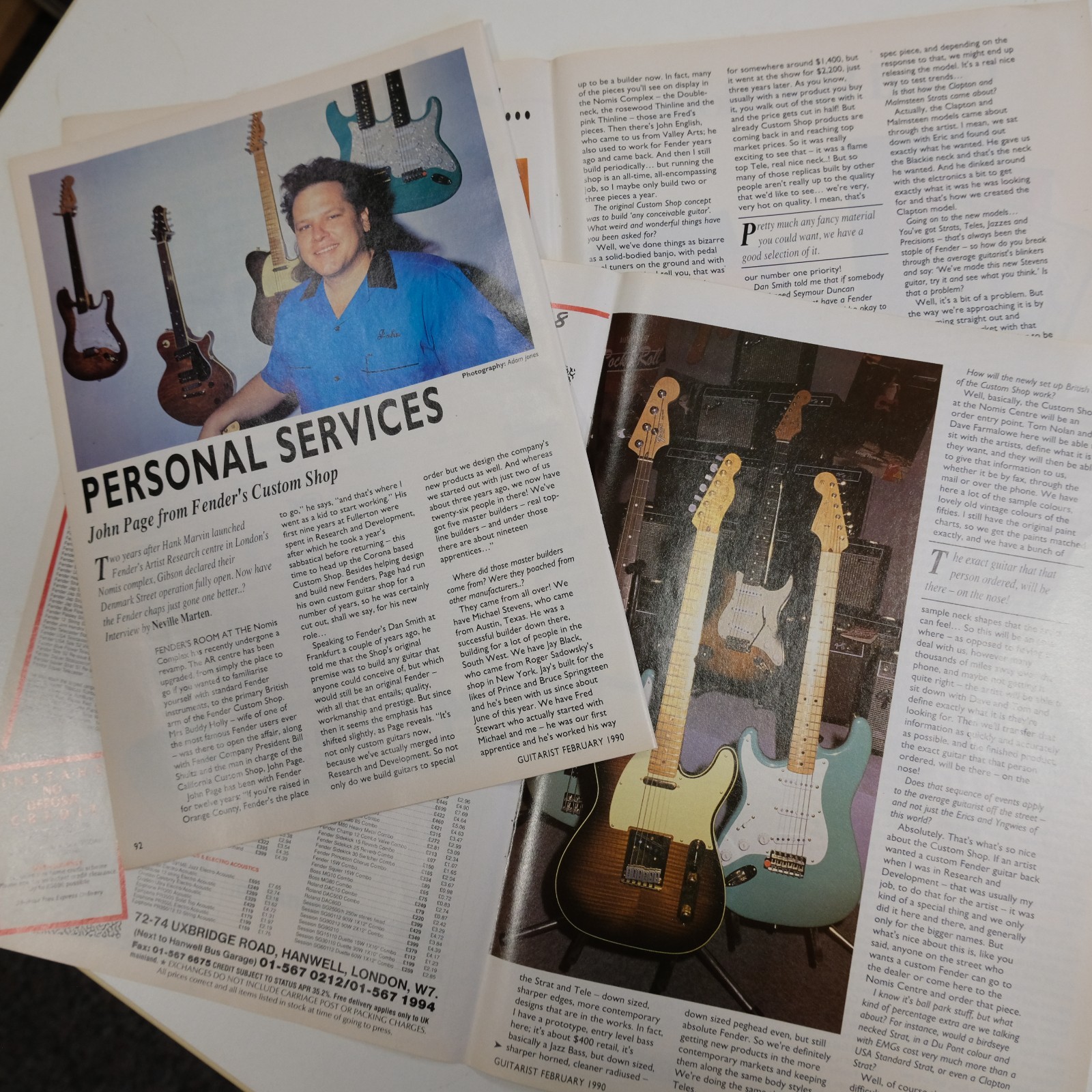 guitarist magazine cutting 1990 JOHN PAGE FENDER CUSTOM SHOP , 4 pages