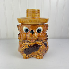 Vintage Kitsch Anthropomorphic Brown Bear Cookie Jar Holding Guitar Hat Japan picture