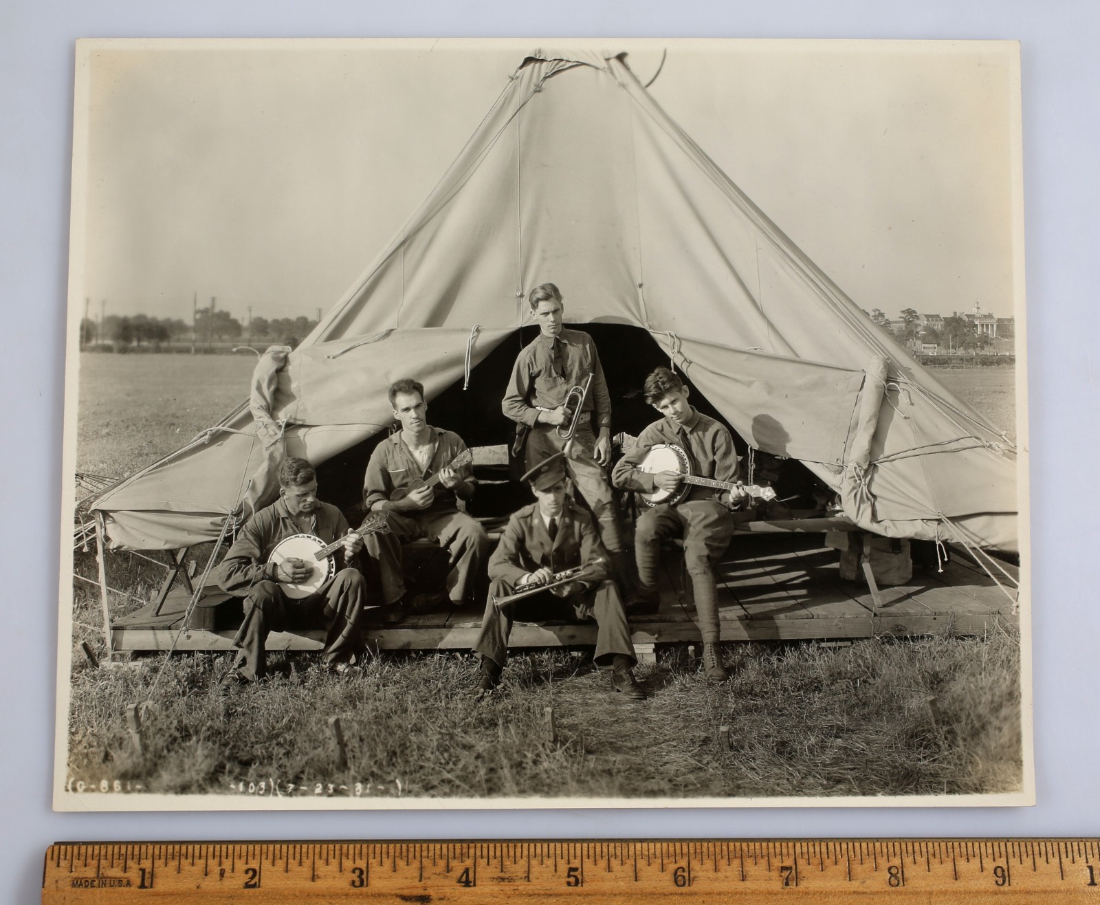 Vintage 1931 Photo Soldiers Band Banjo Ukulele Trumpet Bugle Training Camp