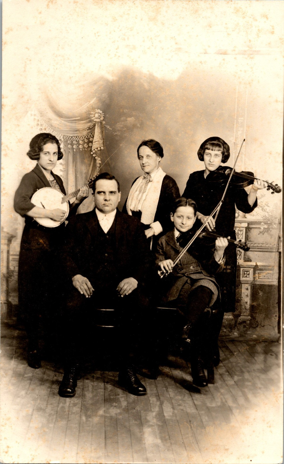 Antique RPPC Musicians 2 Violins Banjo Five Person Group Studio Photo Postcard