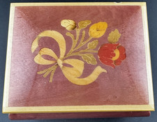 Vintage Italian Inlaid Wood Music Box Floral Design Made in Italy Wind‑Up picture