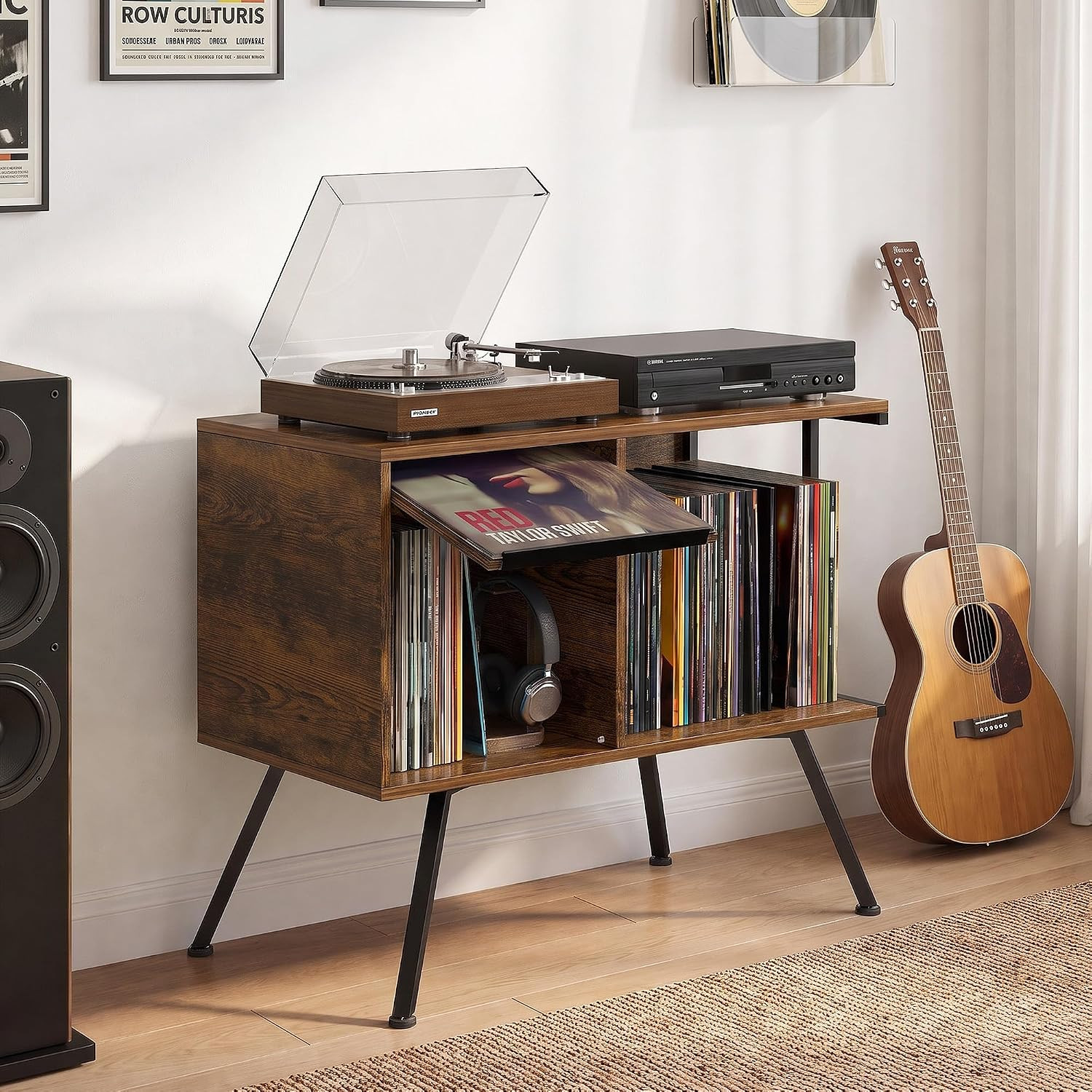 Flip Top Record Player Stand with Vinyl Storage up to 150 Albums