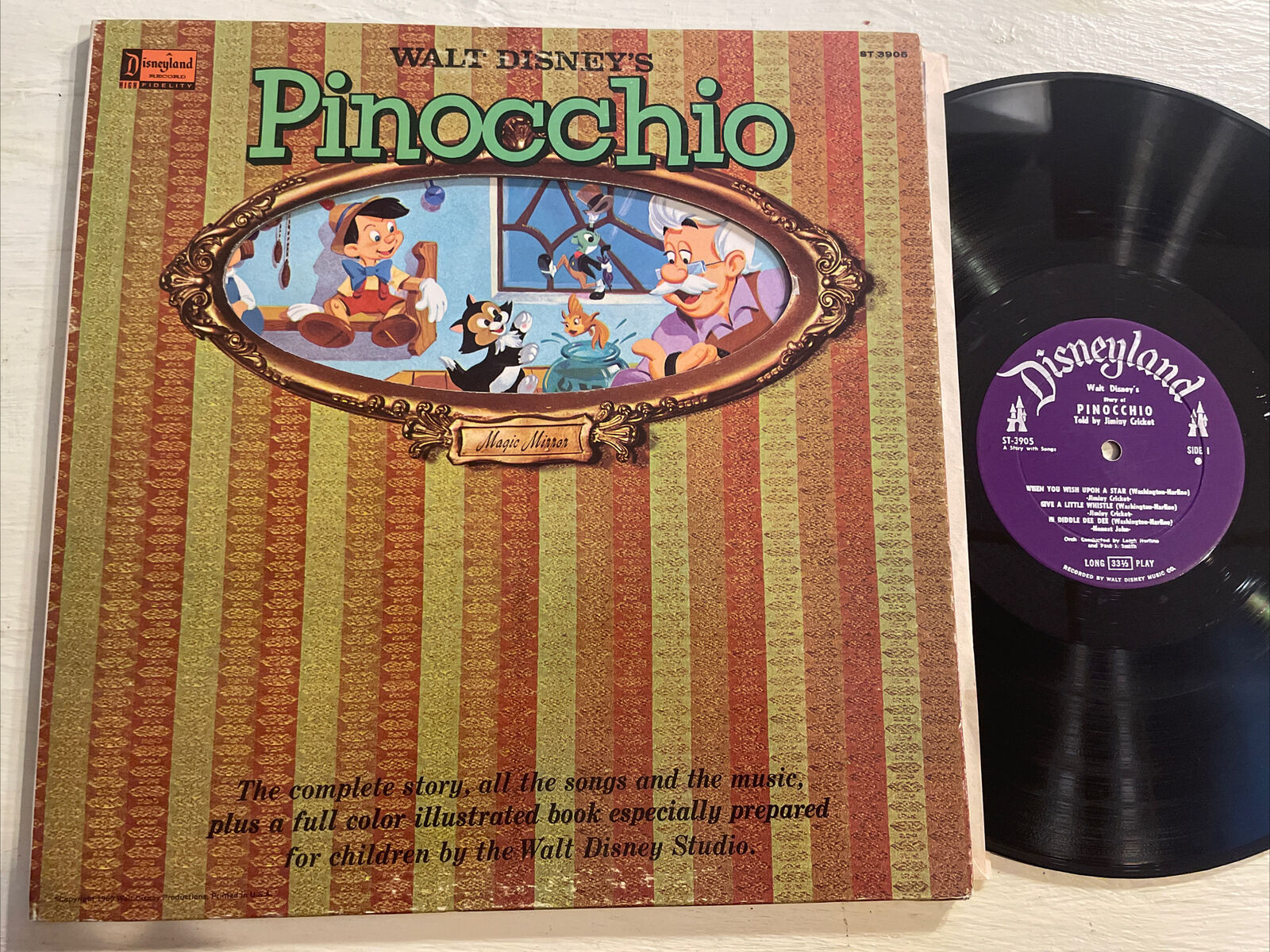 Walt Disney Pinocchio OST LP Disneyland Magic Mirror Mono + Book EX/EX Wow
