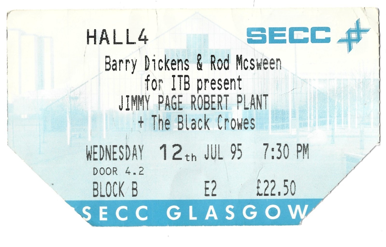 JIMMY PAGE & ROBERT PLANT concert ticket 1995 Glasgow SECC. Rare & collectible