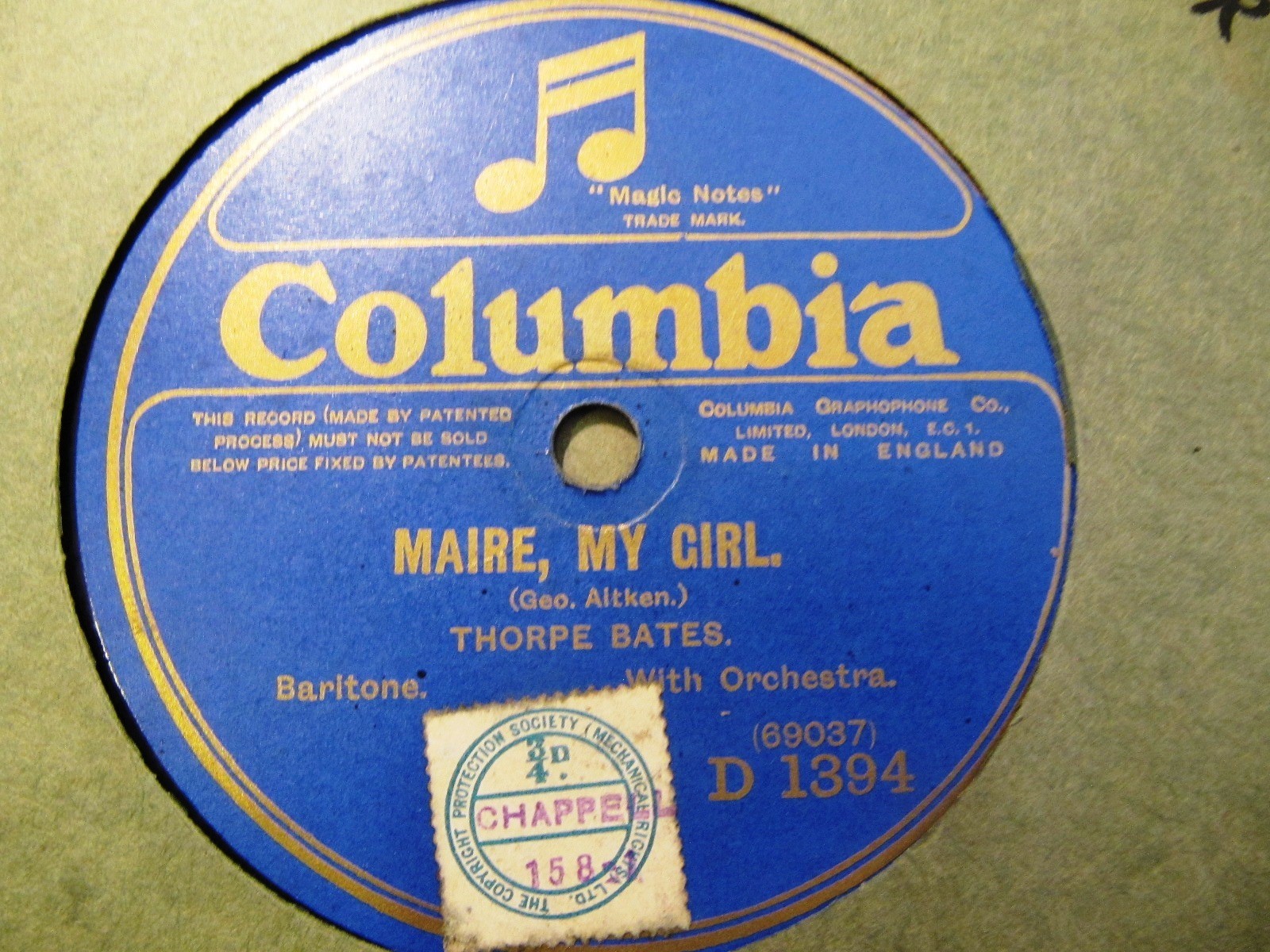 1924 THORPE BATES English Barit Maire my Girl / The Floral Dance Columbia D 1304