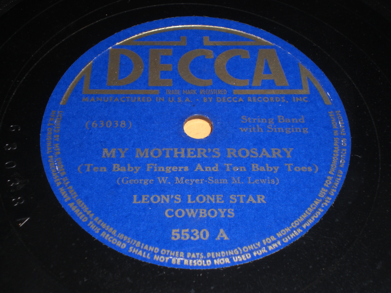 Leon\'s Lone Star Cowboys - My Mother\'s Rosary / Prairie Rose 78 - Decca 5530