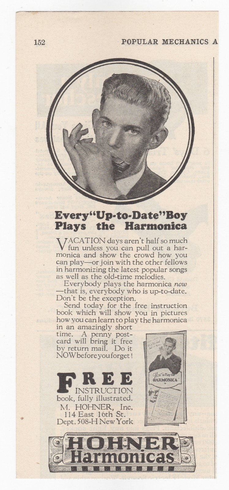 Hohner Harmonicas Every Boy Plays The Harmonica New York Vintage Print Ad 1928