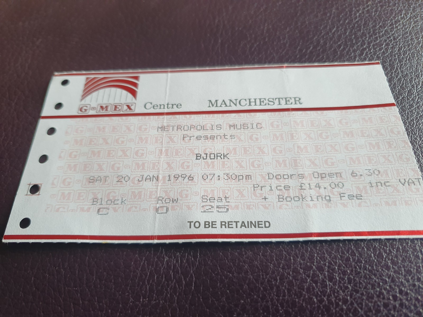 Bjork at G MEX CENTRE MANCHESTER 20th JAN 1996 Concert Gig Ticket Stub
