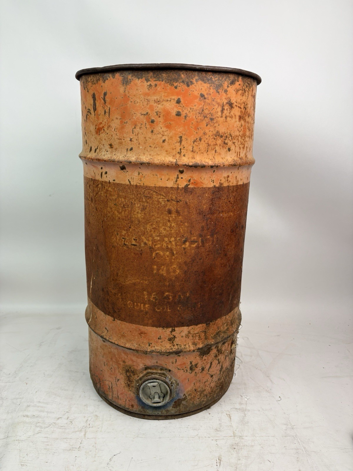Vintage Gulf Oil Corp Steel Drum Barrel Orange Industrial Gas Station Decor