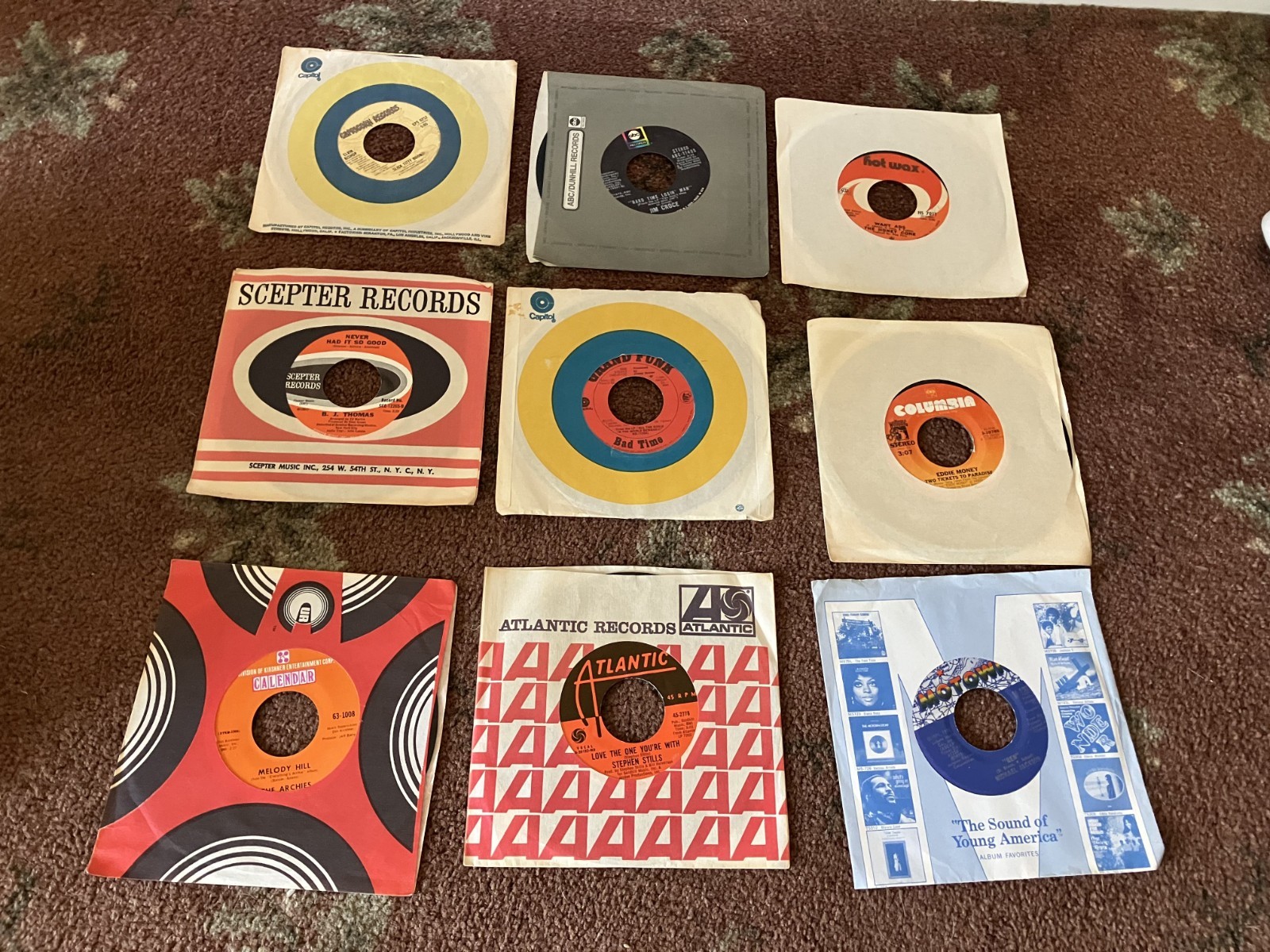 Vintage lot of 9 original 45 RPM vinyl records