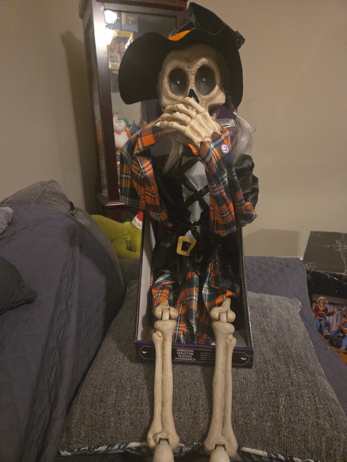 Animated Musical Harmonica Playing Skeleton Halloween Decoration Glowing Eyes 