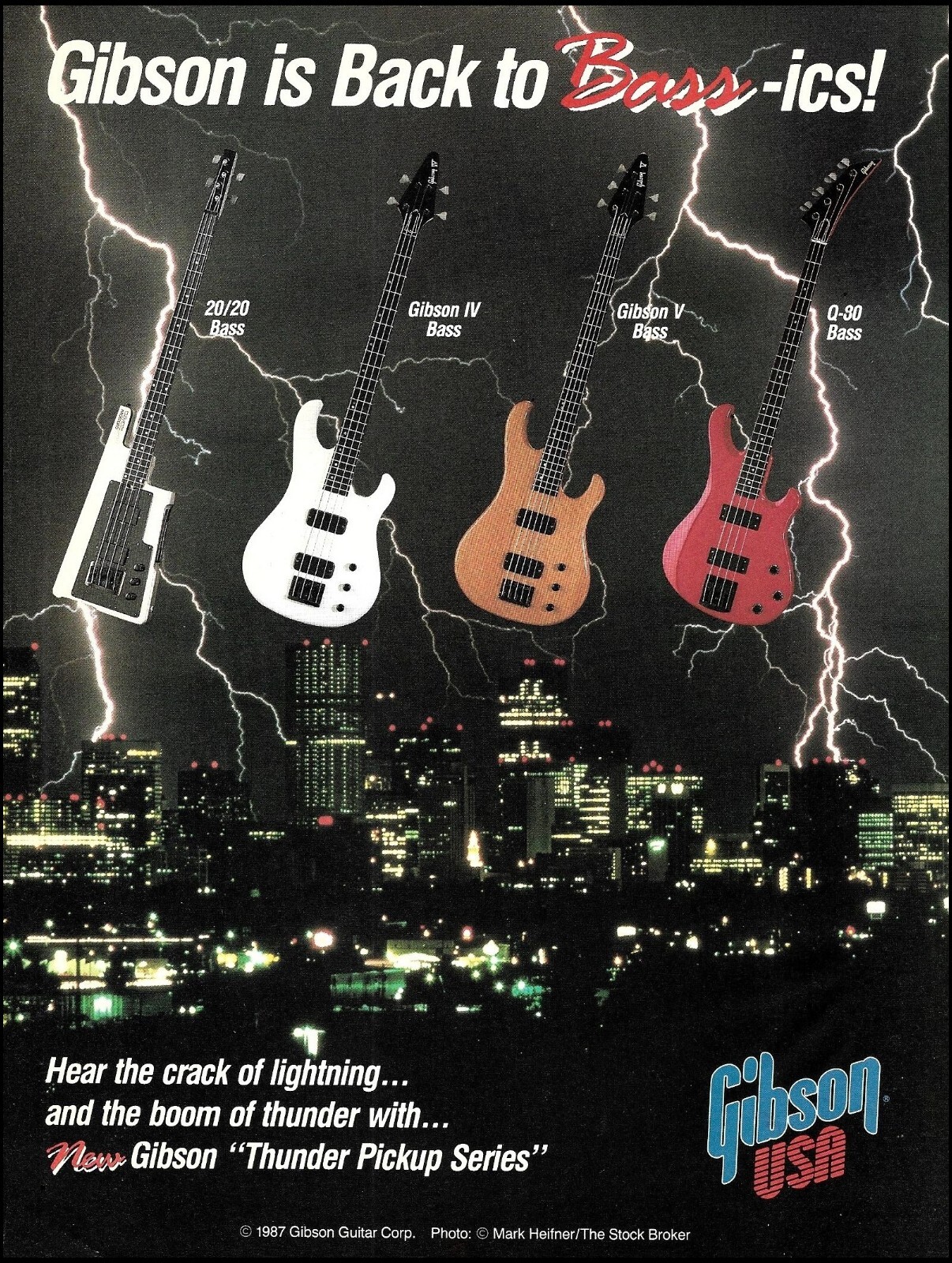 Gibson Thunder Pickup Series 20/20 IV V Q-30 Bass guitar advertisement 1987 ad