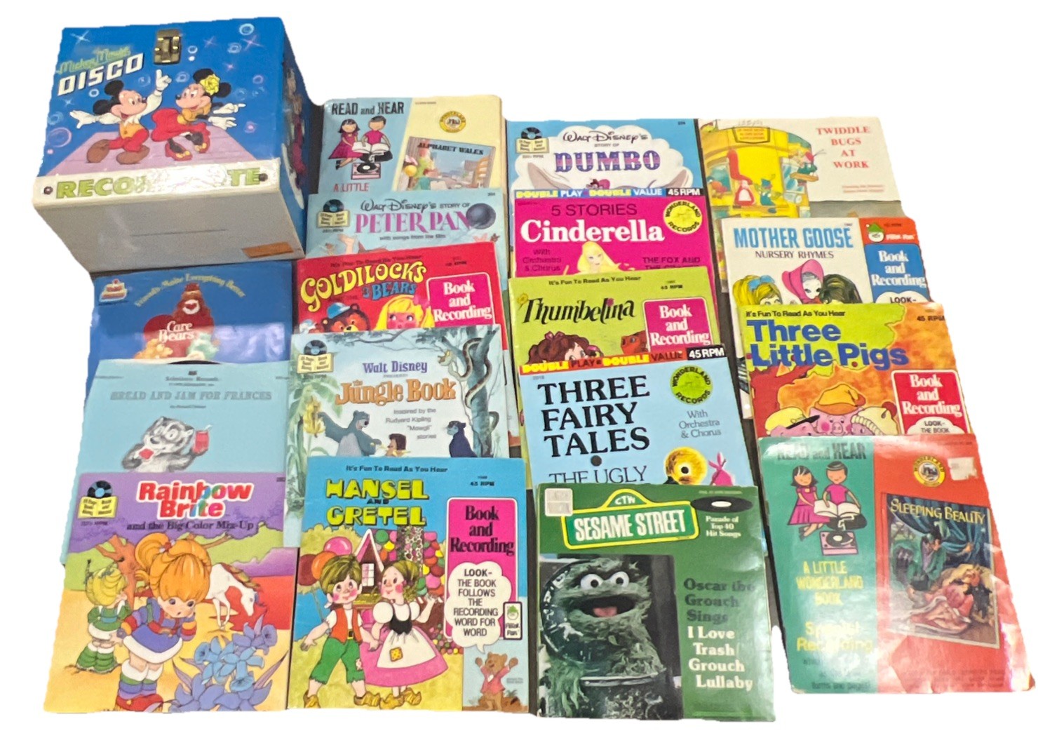 Huge Lot 19 Vintage Kids Records Books Disney Mickey Mouse Disco Tote 45 RPM LP