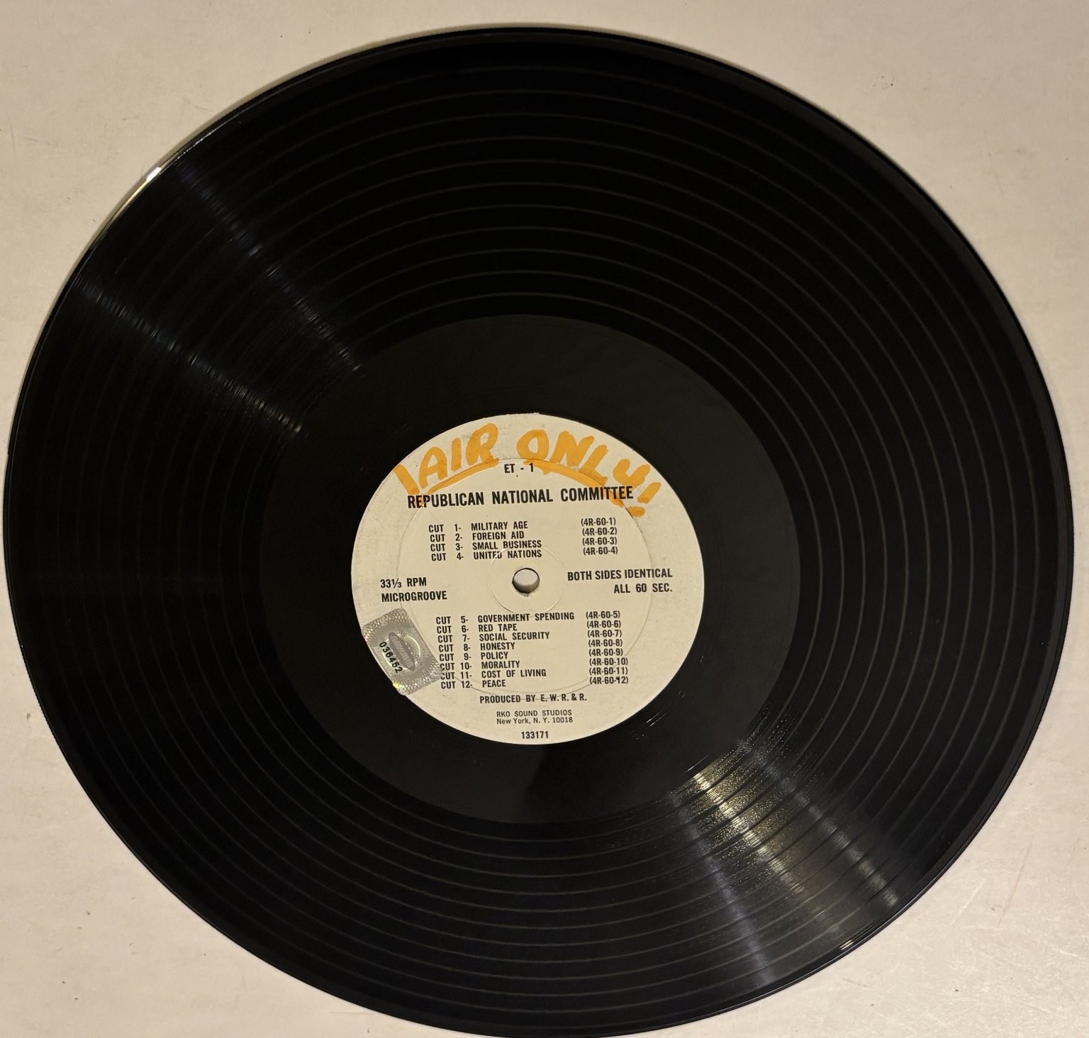 Republican National Committee ET-1 1960s Political Radio Spots Vinyl Record VG
