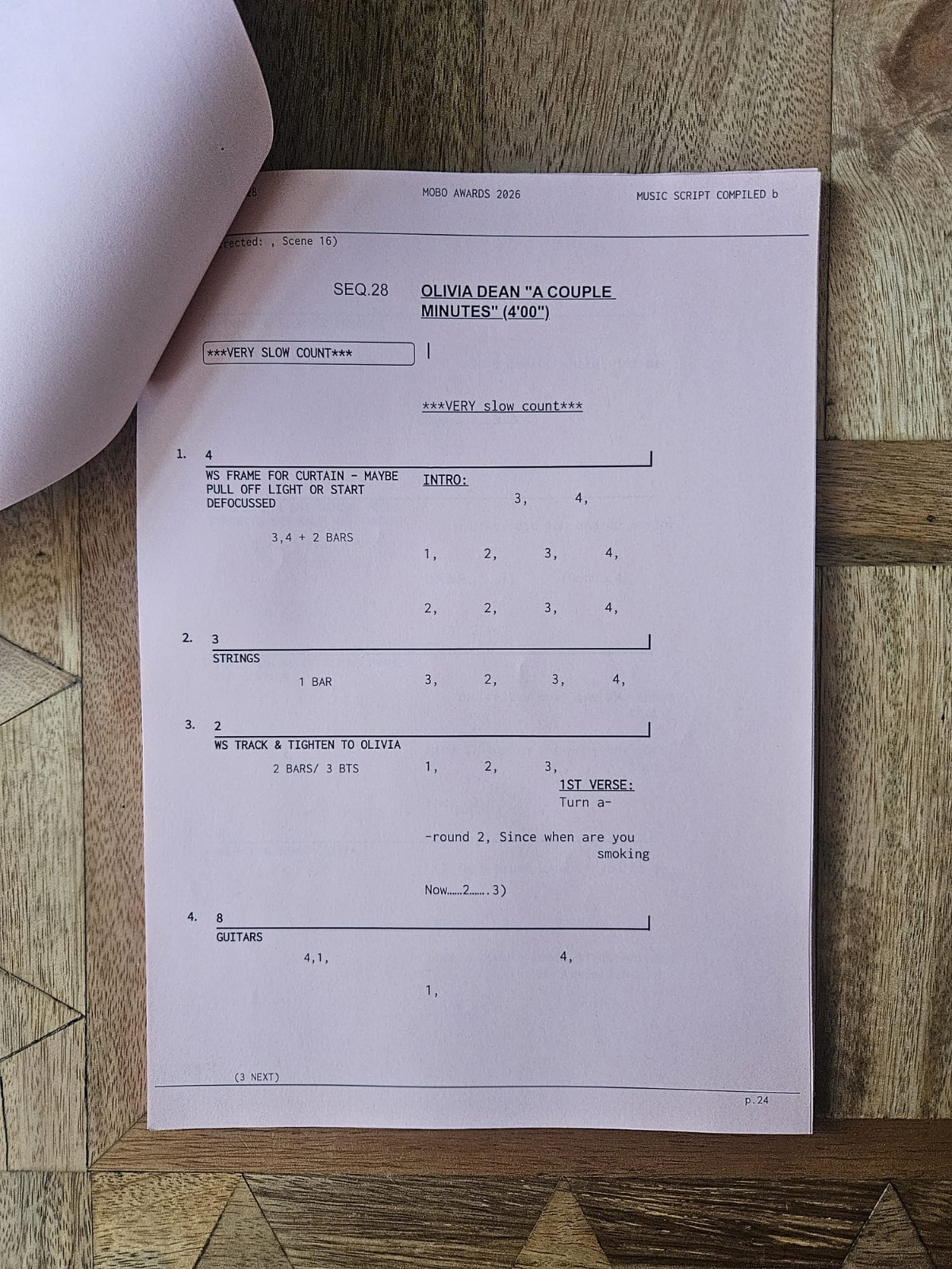 Authentic Olivia Dean Music + Camera Script (7 Pages) from the MOBO Awards 2026