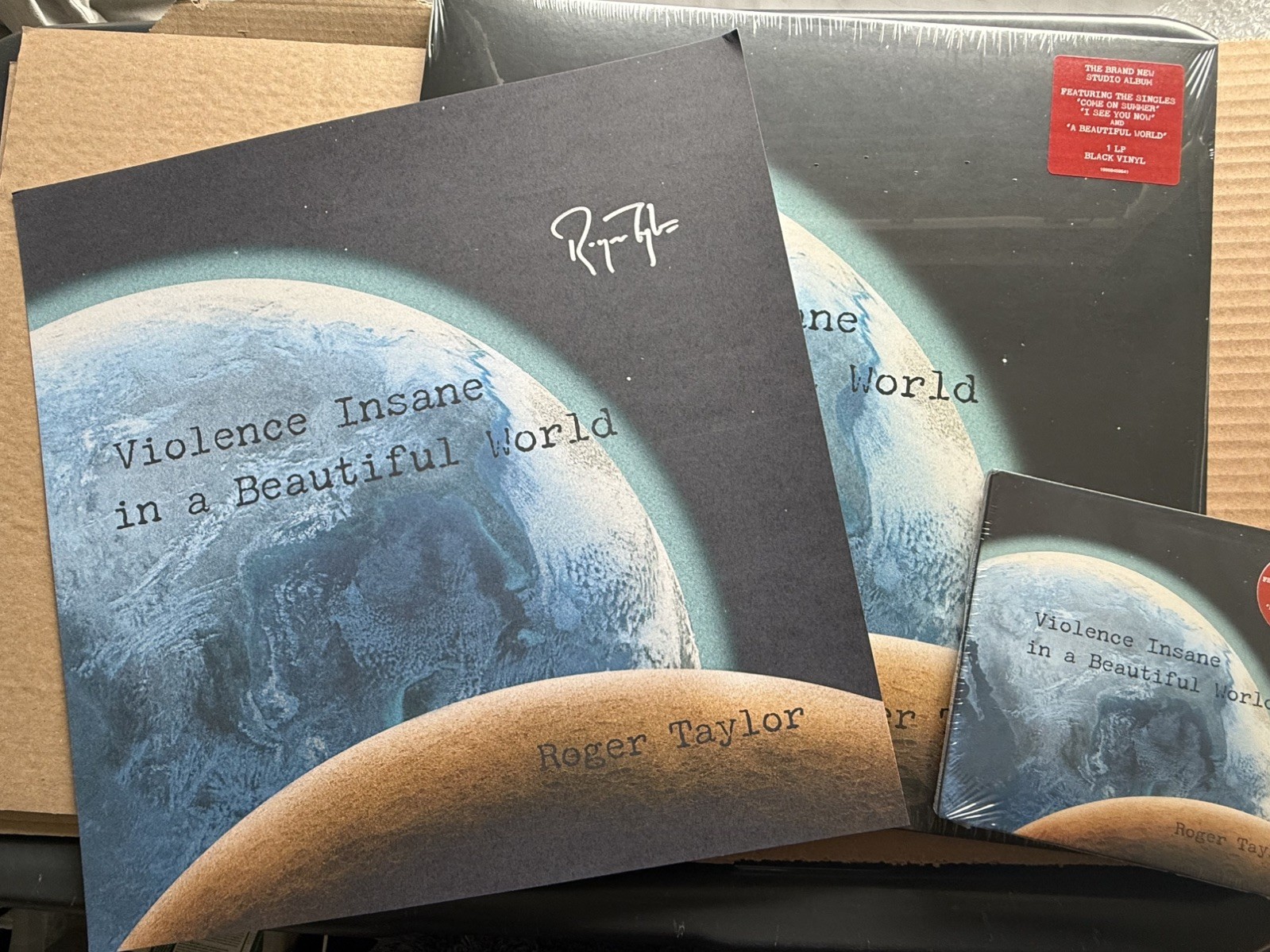 Roger Taylor  Violence Insane In a Beautiful World Vinyl, CD & Signed Art Card