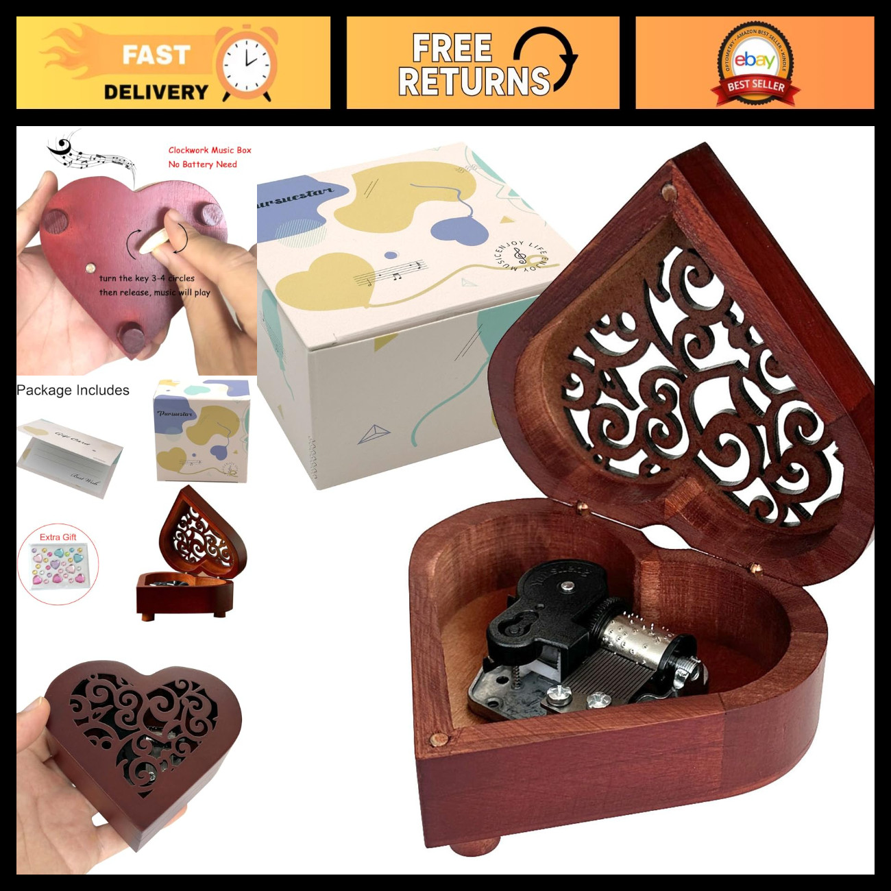 Vintage Heart-Shaped Wind-Up Music Box, Labyrinth Tune, Romantic Gift for Her