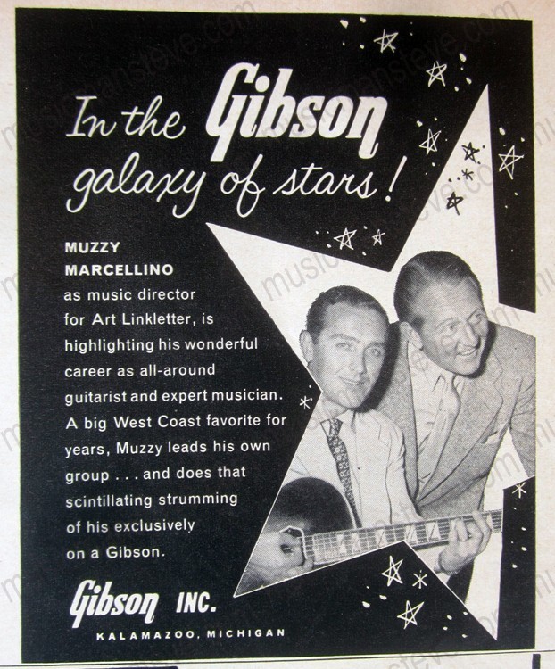 original 1958 GIBSON GUITAR  print ad MUZZY MARCELLINO with Art Linkletter