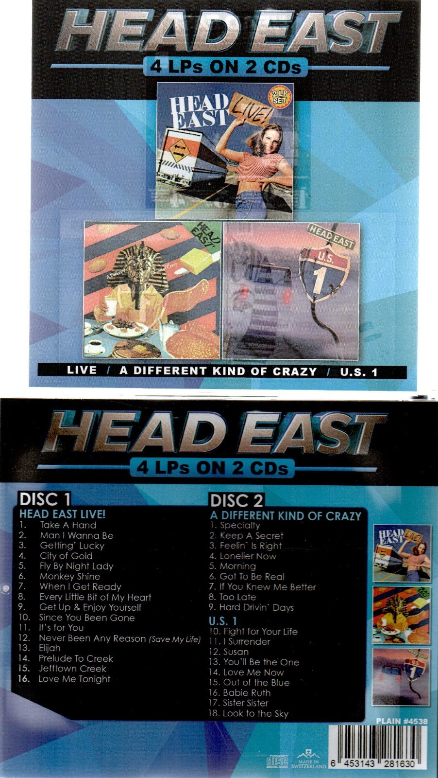 HEAD EAST LIVE/DIFFERENT KIND OF CRAZY/U.S.1-4 LPS ON 2 CDs USED LIKE NEW