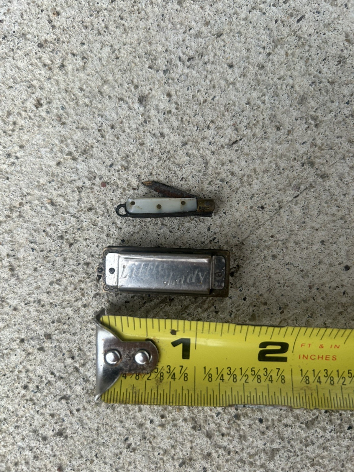 Antique Miniature Pocket Knife Mother Of Pearl Inlay + Little Lady Harmonica