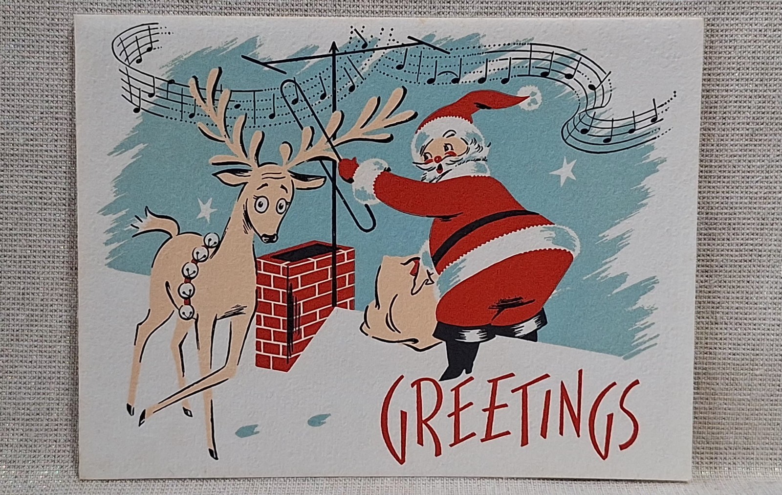 Vintage MCM Musiclef Music Notes Christmas Card Unused Santa Reindeer Retro 60s 