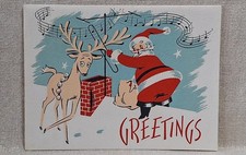 Vintage MCM Musiclef Music Notes Christmas Card Unused Santa Reindeer Retro 60s  picture