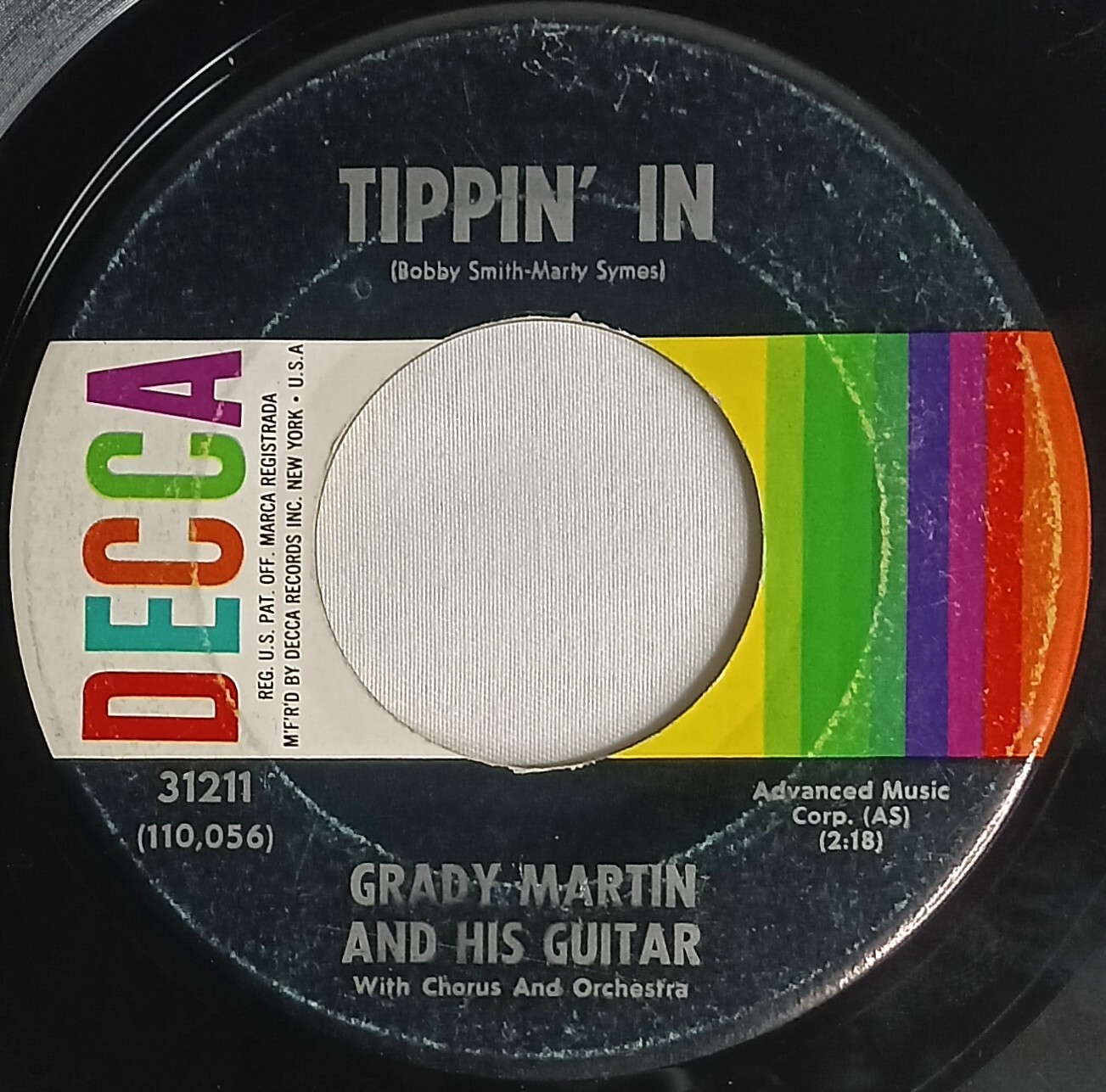 60s POP INSTRUMENTAL 45 HEAR Grady Martin & His Guitar TIPPIN IN 1961 Decca VG+