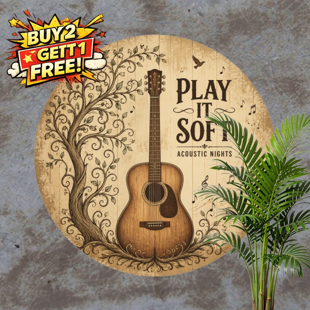 Guitar Tree Let The Lyrics Blossom Art Retro Round Metal Tin Sign Decor 8x8 In