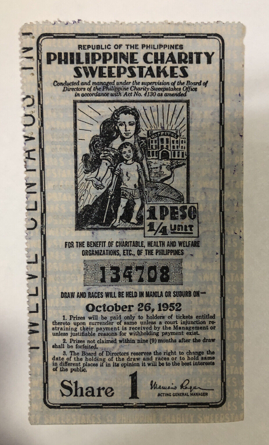 Philippine Charity Sweepstake Ticket Used 1952