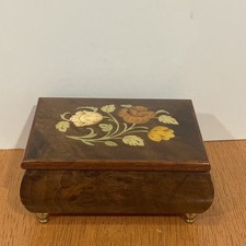 Vintage Wooden Music Box Co Italian Marquetry Jewelry Box Floral Inlay - Tested picture