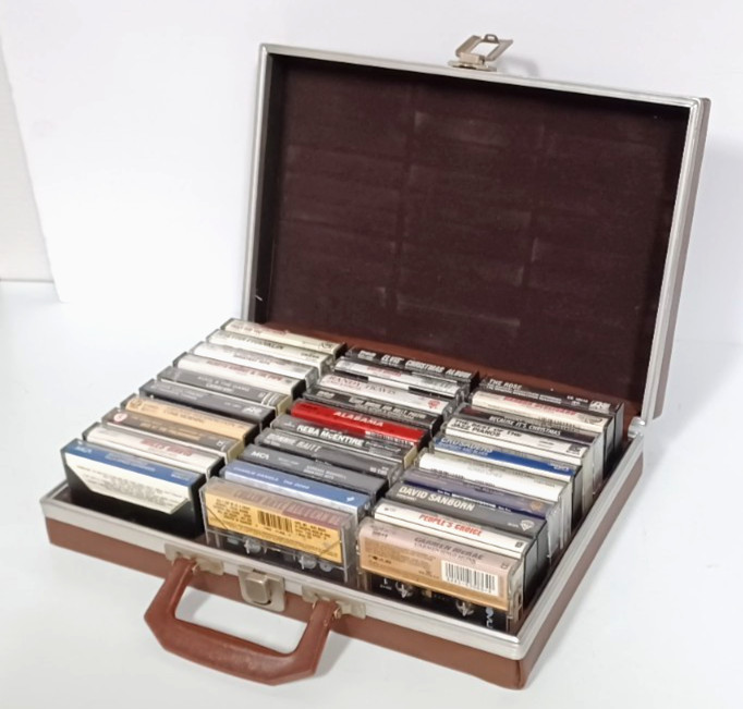 Vintage Brown Cassette Tape Storage Case Carrier w/ 30 Assorted Music Tapes Lot
