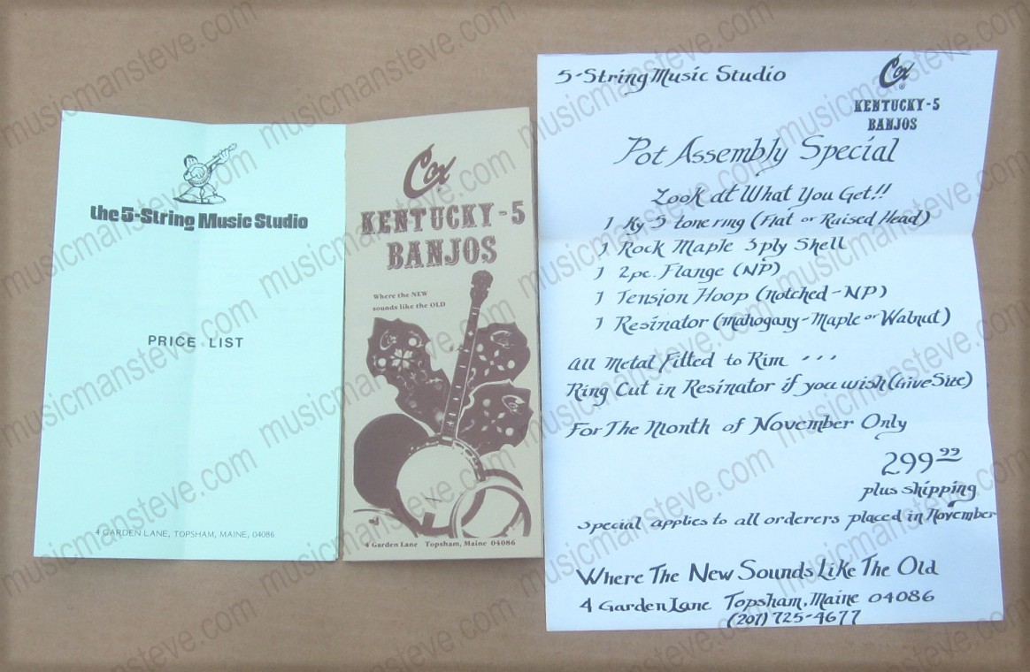 Vintage 1989 JIMMY COX Kentucky-5 Banjos  brochure with price list