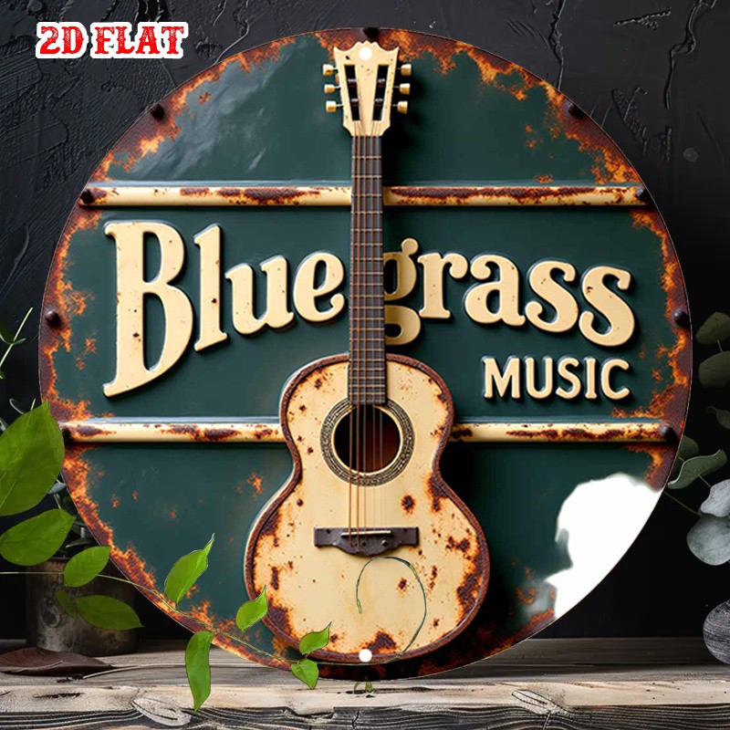 Rustic Bluegrass Guitar Round Aluminum Tin Metal Signs Home Décor 8x8 