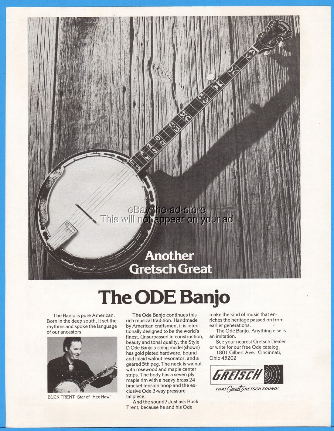 1977 Gretsch ODE Banjo Buck Trent Hee Haw Cincinnati Ohio Vintage Photo Print Ad