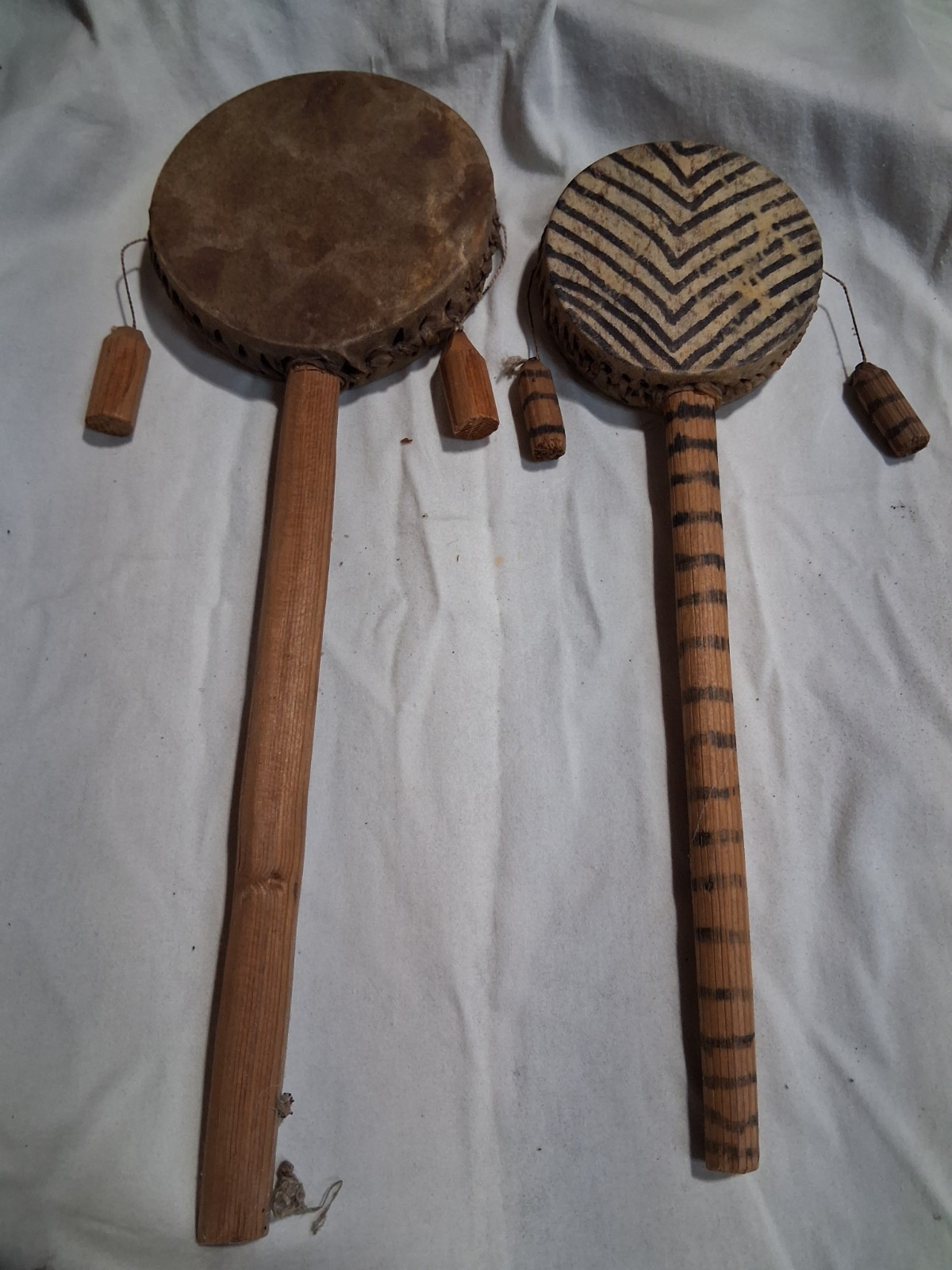 Ethnic African Tribal Shamanic Hand Held Double Head Hide Skin Drum, Zebra Print