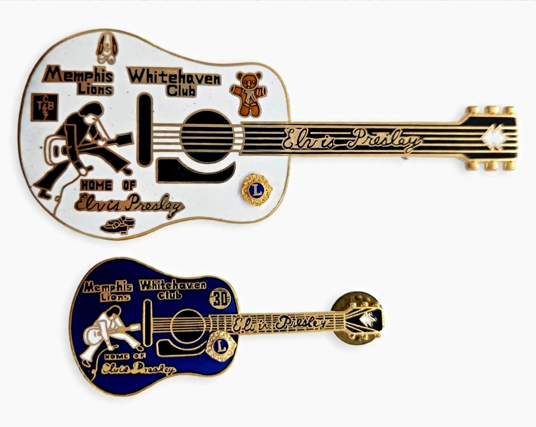 Lot 2 Memphis Whitehaven Lions Club Elvis Presley Guitar Pin Large White Blue G