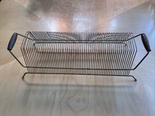 Vintage MCM Metal Wire For 45 RPM Records Rack Wood Handles Table Desk Carry picture
