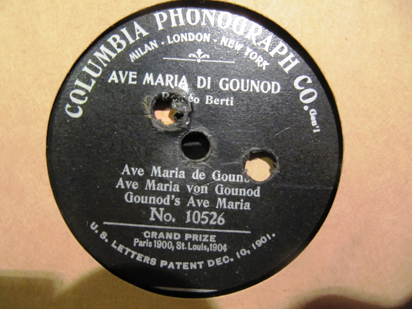 1905 ROMEO BERTI early COLUMBIA Fleur de Lys 10526 Bach Gounod Ave Maria Record