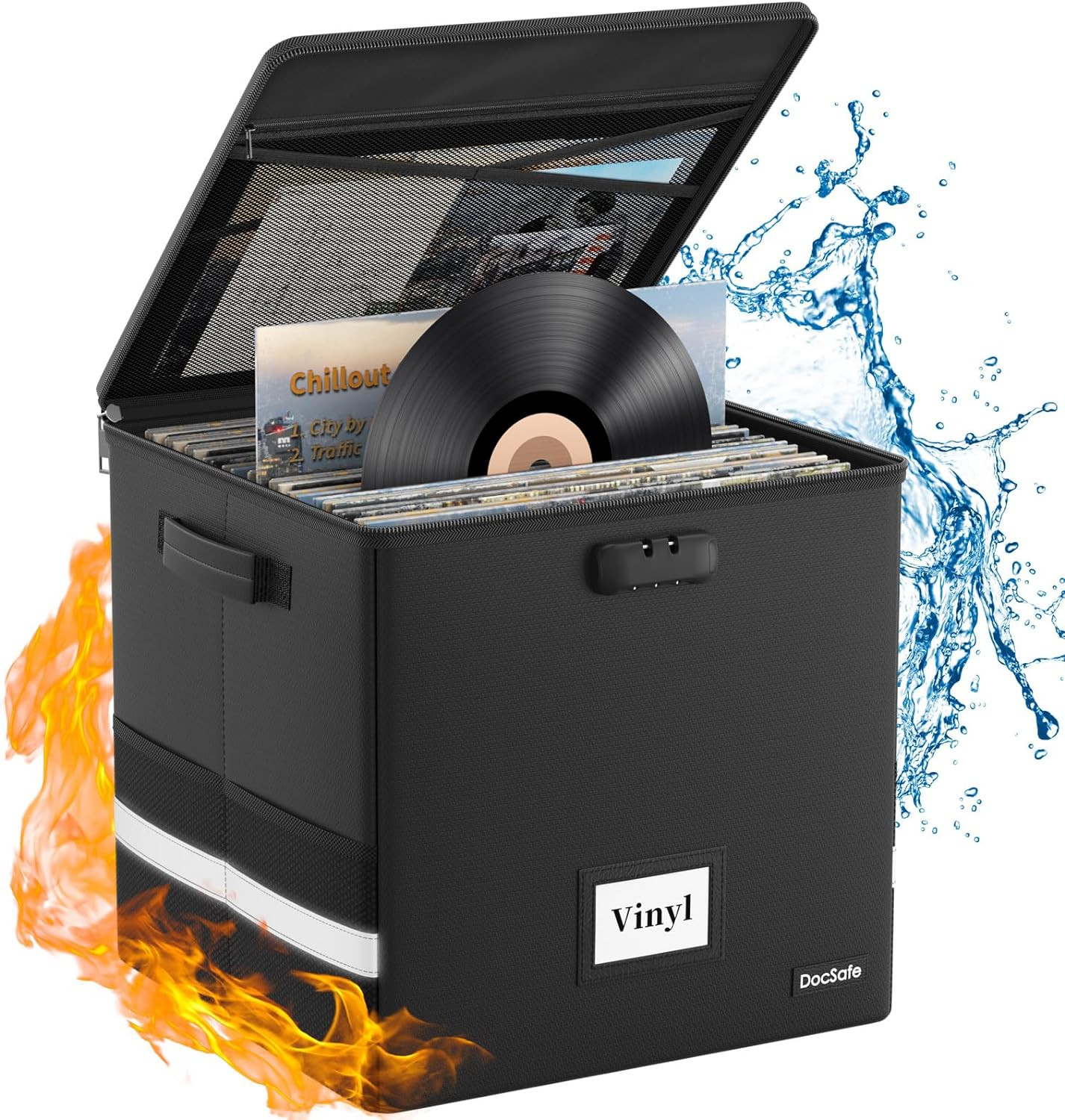 Vinyl Record Storage Box Fireproof＆Water Resistant Record Organizer with Lock