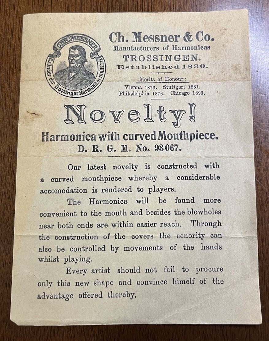Antique 1800\'s Original Ch Messner & Co Harmonica Flyer With Curved Mouthpiece