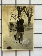 Vintage 1920s Woman Playing Harmonica Trousers Farm Yard Snapshot Photo picture