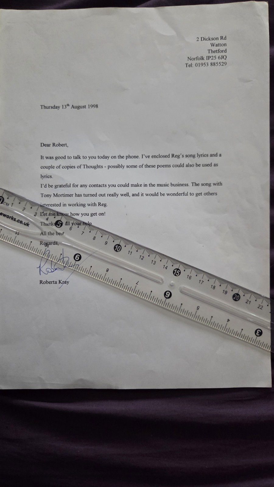 Letter From Roberta Kray Re Reg Kray Song Lyrics And Thoughts Poems