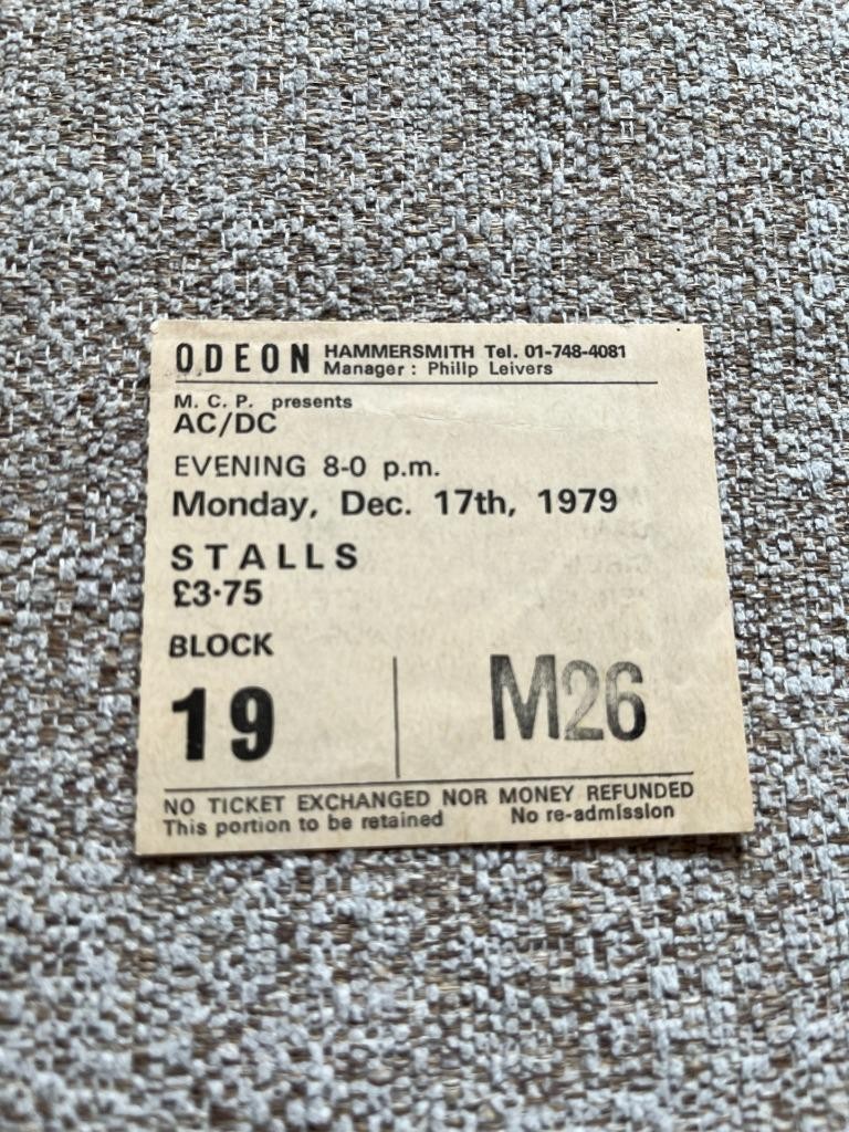 AC/DC Bon Scott ticket Hammersmith Odeon17/12/79 M26 Highway to Hell tour
