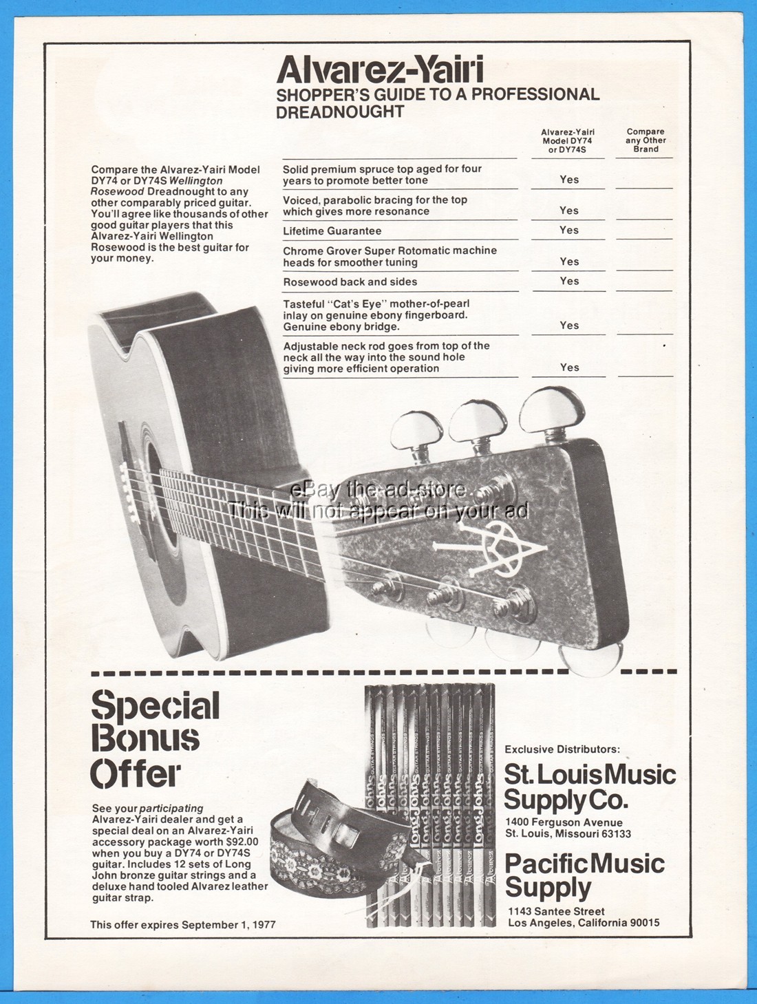 1977 Alvarez Yairi Professional Dreadnought Guitar Shoppers Guide Photo Print Ad